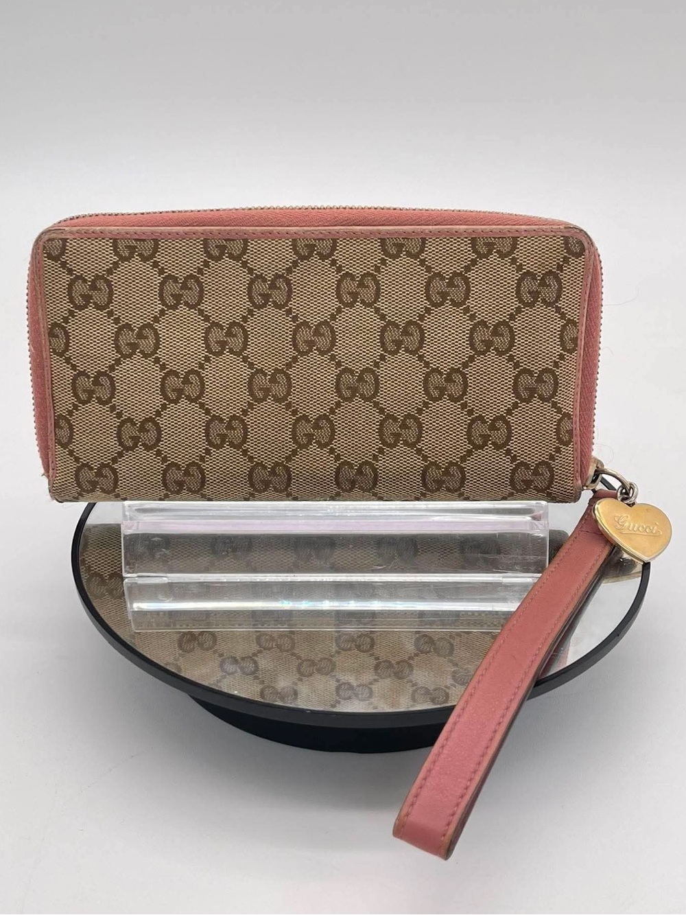 GUCCI Beige GG Canvas & Leather Heart Zippy Long Wallet W Wristlet Strap